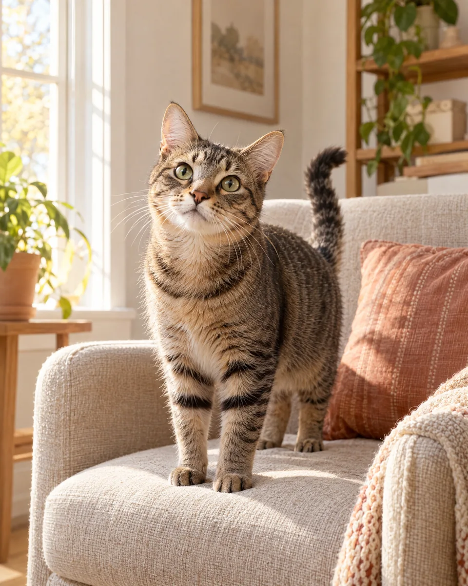 Curious tabby cat in a sunlit living room