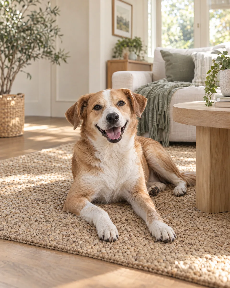 Happy tan-and-white dog relaxing at home