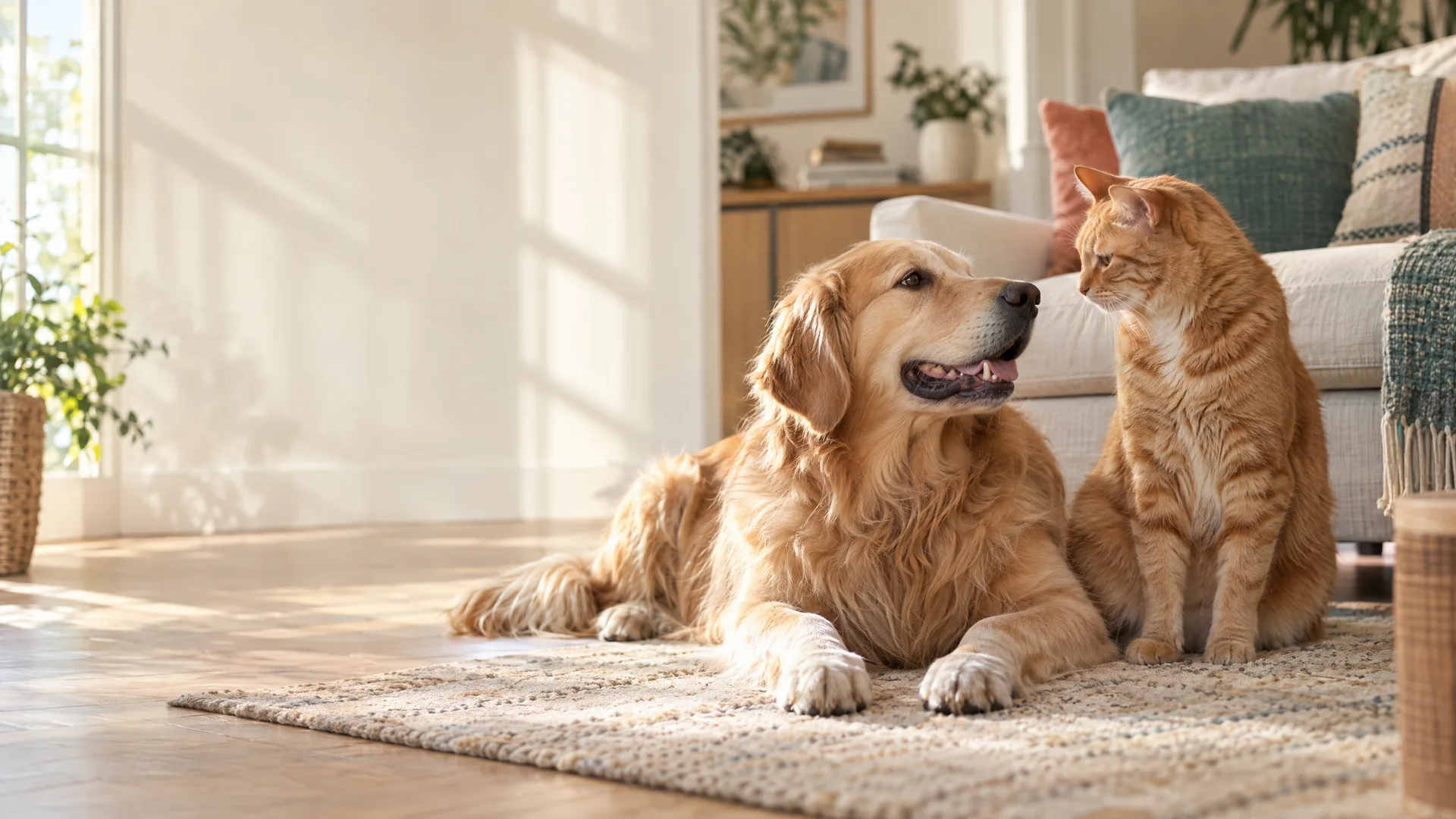 Golden retriever resting beside an orange cat in a sunlit home